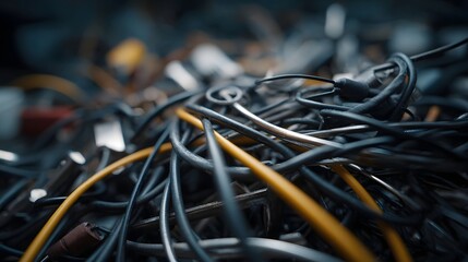 Close up of a tangled mass of black and yellow electronic wires and connectors representing technological clutter