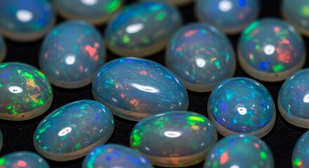 Natural Ethiopian opal gemstones. Close up for the beautiful oval stone showing play of vibrant colors. Jewelry background.