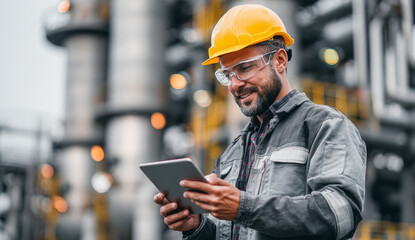 Male industrial worker wearing safety glasses and yellow hard hat using a digital tablet in an industrial facility