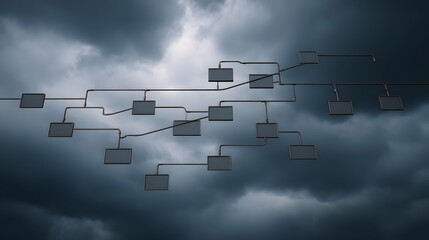 A complex digital network structure with interconnected nodes and lines against a dark cloudy sky