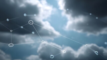 Abstract network of glowing nodes and connecting lines against a cloudy sky