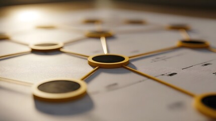 Abstract network diagram with interconnected nodes and golden lines symbolizing data flow and connections under warm light
