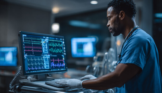 Male nurse in blue scrubs working on medical monitoring equipment in a hospital setting - Powered by Adobe