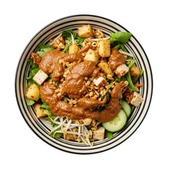 Fototapeta premium Gado gado Indonesian vegetable salad served with rich peanut sauce, fresh and traditional dish. Isolated PNG with transparent background, perfect for menus, ads, and food design. 