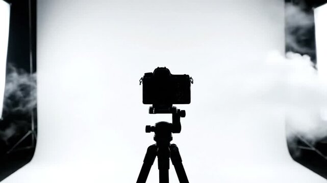 Black camera on tripod against white backdrop