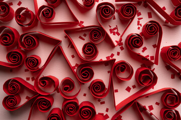 Close Up of Paper Heart Pile in Red Tones