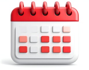 A bright red and white 3D desk calendar, front view, isolated