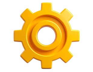 Rendered gear icon, yellow and glossy, on a clean white backdrop