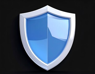 Glossy, blue and white shield with a shadow on black backdrop