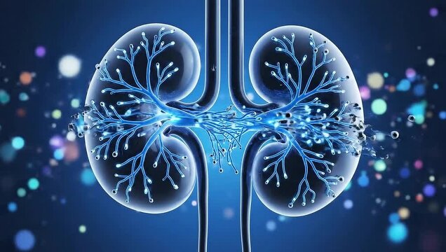 Human kidneys anatomy illustration with glowing blue effect.