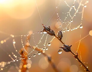 Dew-covered spiderweb sparkles on a branch, bathed in golden light