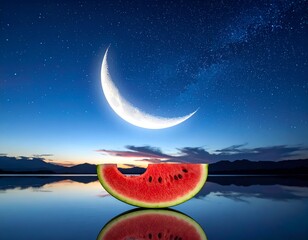 Crescent moon shines above a watermelon slice reflected in water