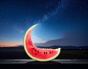 A watermelon crescent sits before a starry nightscape