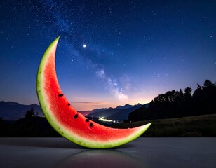 Watermelon crescent glows against a starry night sky over mountains