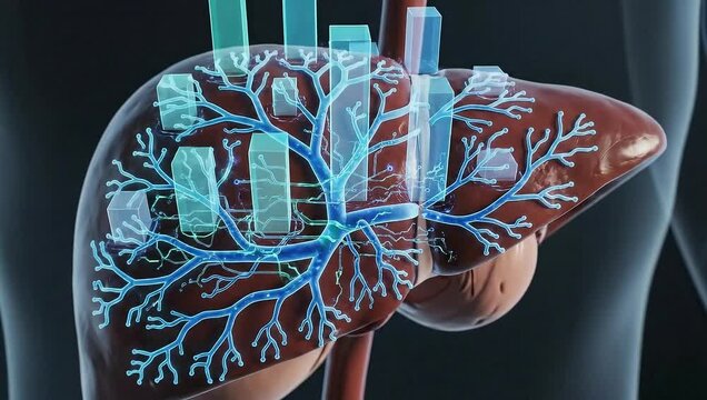 Human liver anatomy with highlighted blood vessels and bile ducts.