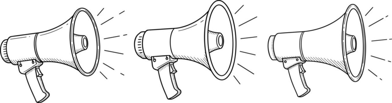 Megaphone loudspeaker icons set in hand drawn outline style communication announcement vector illustration isolated on white background