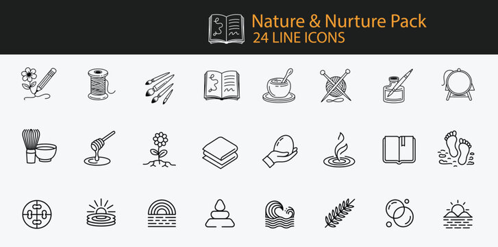 Nature and nurture pack line icons set on white background Keywords: nature, nurture, pack