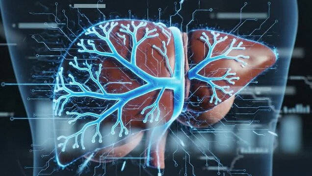 Human Liver Anatomy with Digital Overlay and Visible Vascular Structure.