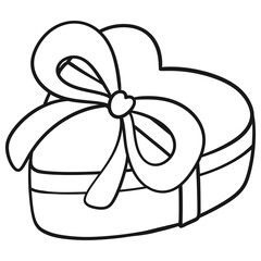 Heart shaped gift box with ribbon cute Valentine present line art illustration 
