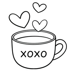 Cup with hearts and XOXO text cute love coffee line art illustration
