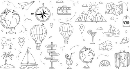 Travel and adventure hand drawn doodle set with maps globes compass hot air balloons and vacation symbols vector illustration © Rozina Creative