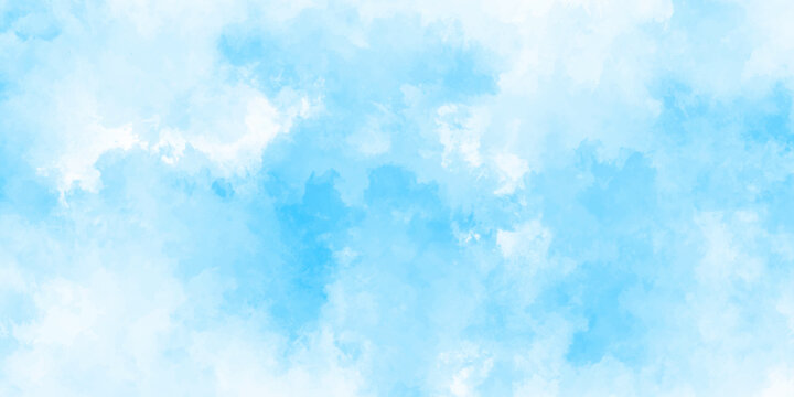 Abstract background with panorama of blue sky and white cloud nature design. horizon spring morning sky with clouds background. hand painted watercolor shades sky clouds.