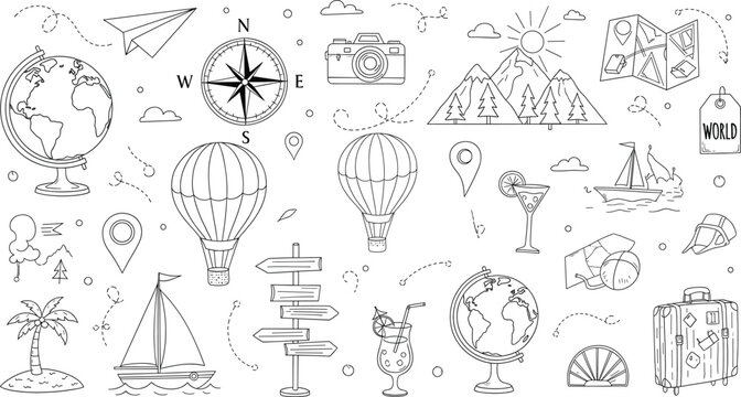 Travel and adventure hand drawn doodle set with maps globes compass hot air balloons and vacation symbols vector illustration
