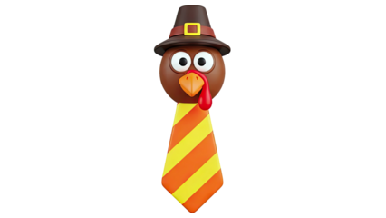 Cute Cartoon Turkey Wearing a Pilgrim Hat and Striped Tie