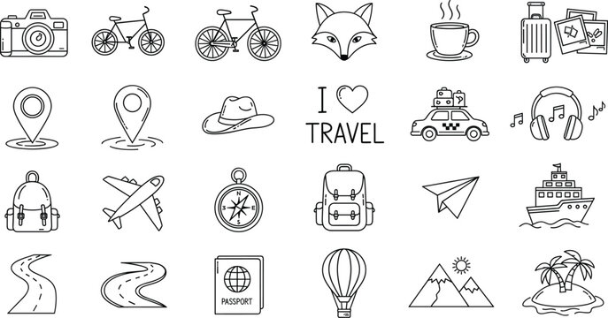 I love travel hand drawn icon set with transportation luggage maps and adventure symbols doodle vector illustration