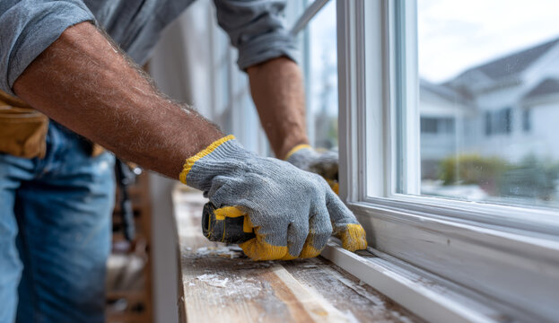 Man installing or repairing white vinyl window frame with gloved hands in a home construction or renovation setting