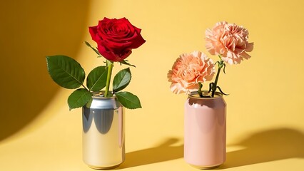 Obraz premium Two flower bouquets in decorative vases on yellow background