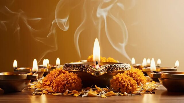 Deepavali Devotional Diya Lamp on Saffron Ivory Gradient