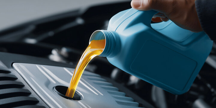A close-up shot of an automobile engine being filled with oil from a plastic jug