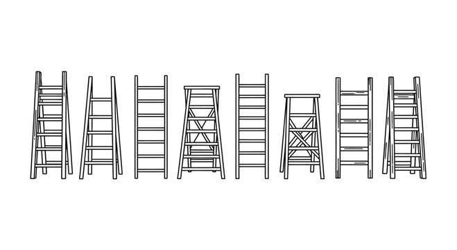 Various styles of ladders arranged in a row