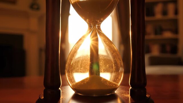 An hourglass sits on a wooden table, capturing the flow of sand under warm sunlight streaming through a window. The hourglass reflects the passage of time and light in a serene setting.