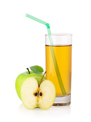 Apple juice with a straw in a glass and green apples isolated on a white background, design element, authentic photograph, not AI-generated
