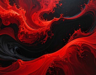 Abstract fluid art with vibrant red and dark gray swirling shapes