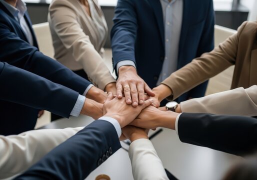 Group of business people putting their hands together in a stack for unity