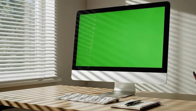 Modern computer monitor with green screen on a wooden desk near window.