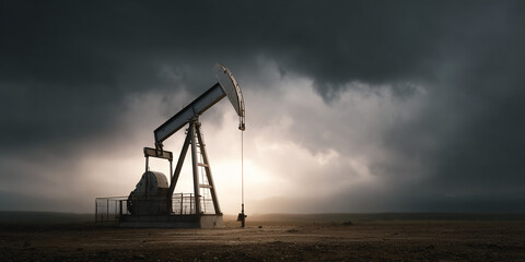 An oil pump jack working under a dramatic, cloudy sky, pumping oil from the ground