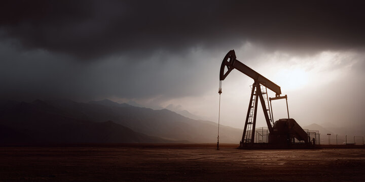 A striking image of an oil pump extracting crude oil under a dramatic sky - Powered by Adobe