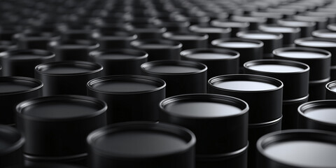 Rows of oil barrels, an industrial symbol of the energy sector, in black color and a shallow depth of field, representing global commodities and resources