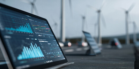 A laptop displaying a data analysis in front of windmills in the background, a technology and environmental synergy. Data and graphs on the screen show the efficiency