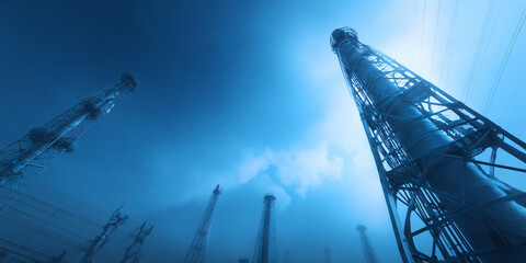 Industrial structures stand tall against a dramatic sky, symbolizing industry and infrastructure. A striking perspective of towering smokestacks and power lines.