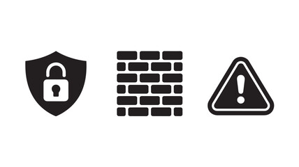 Vector Illustration Of Security Icons With Shield, Firewall And Warning Signs For Cybersecurity Concept
