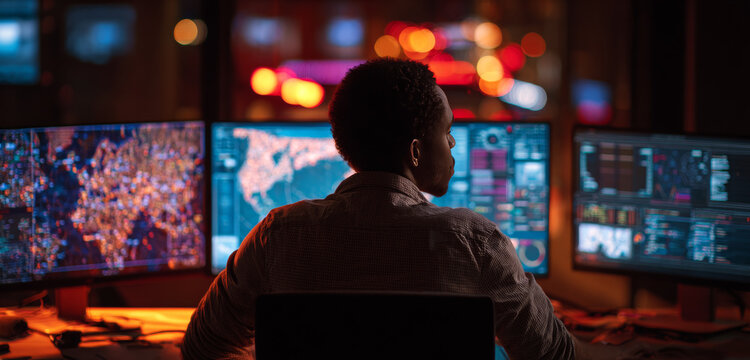 Man working at a multi-monitor command center with digital maps and data visualizations in a dimly lit environment - Powered by Adobe