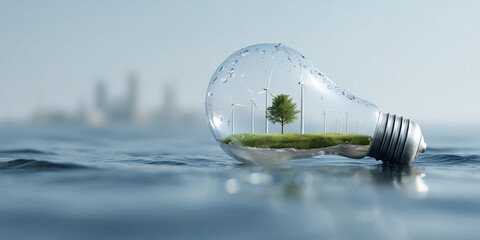 An artistic shot of a light bulb with a growing tree inside, with city silhouettes in the background. Illustrates the concept of environmental conservation and green energy