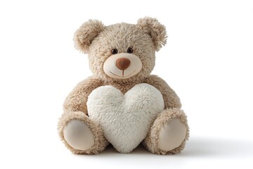 Obraz premium Cuddly teddy bear holding heart symbol on white background