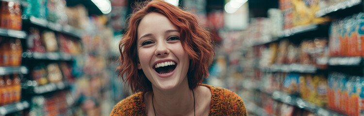 Joyful woman with curly red hair laughing in a supermarket aisle filled with colorful products