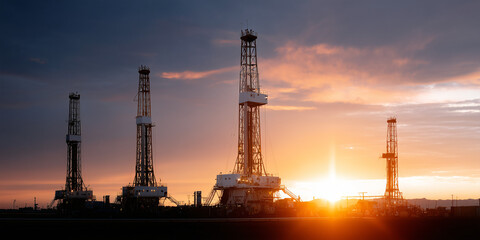Obraz premium Oil rigs standing tall against a brilliant sunrise. The industrial structures are silhouetted against the bright sky